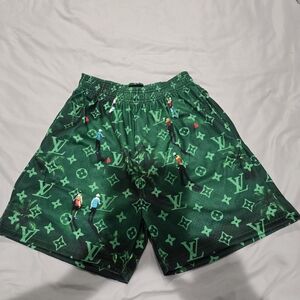Asylum Green LV Monogram-Print XL Athletic Shorts with Elastic Waist